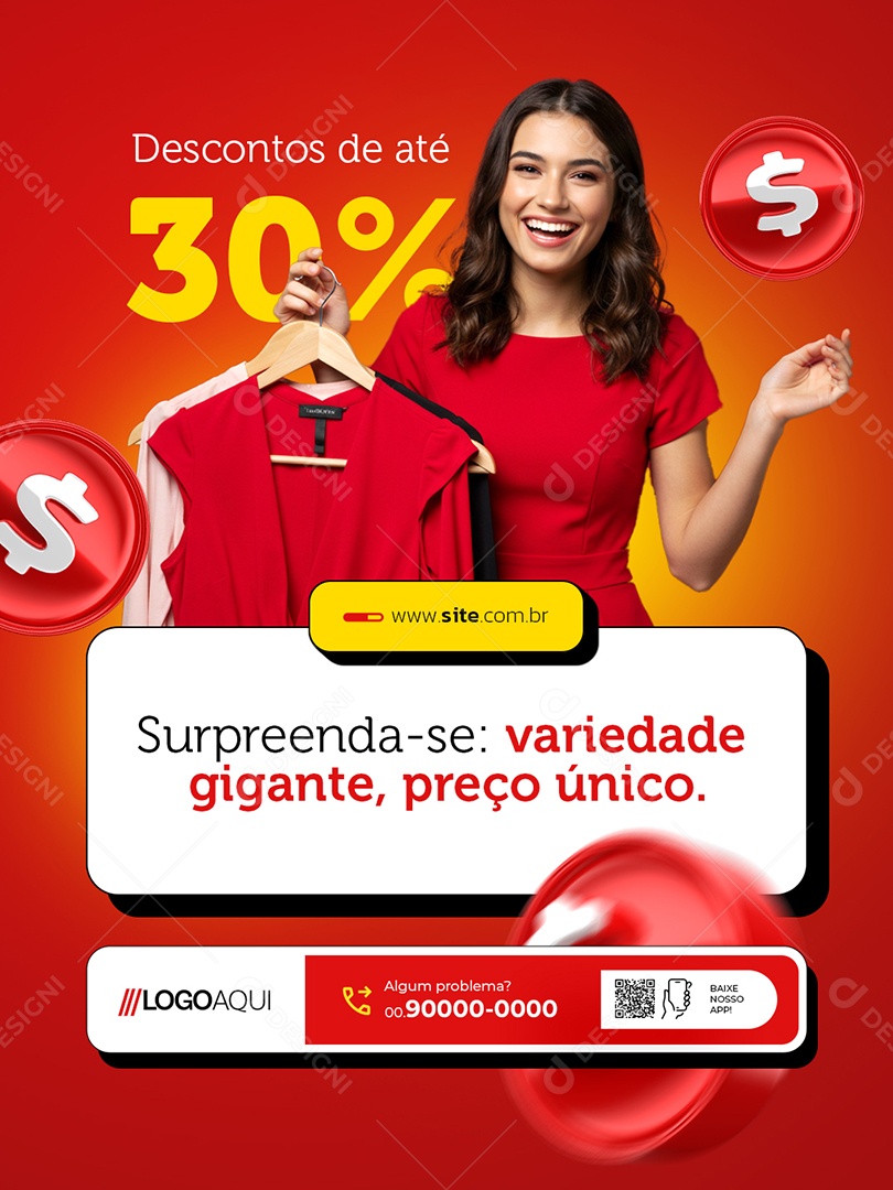 Loja Preço Único Descontos de Até 30% Roupas Social Media PSD Editável