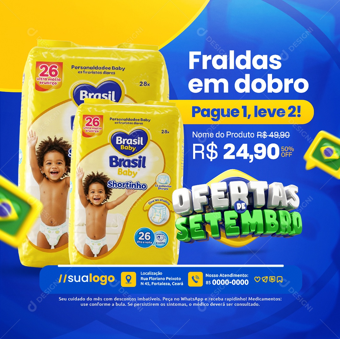 Ofertas de Setembro Farmácia Fraldas em Dobro Social Media PSD Editável