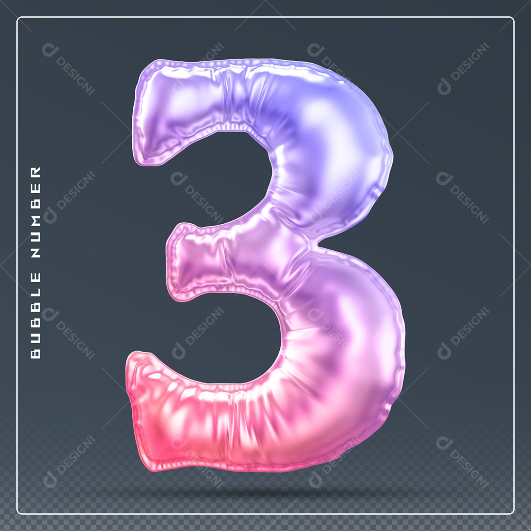 Elemento 3D Número 3 Colorido para Composição PSD