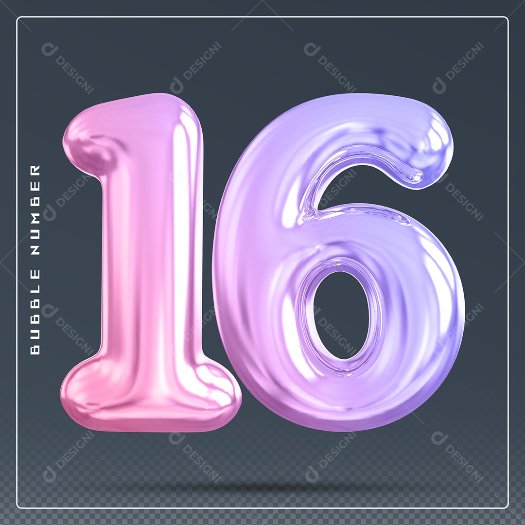Elemento 3D Número 16 Colorido para Composição PSD