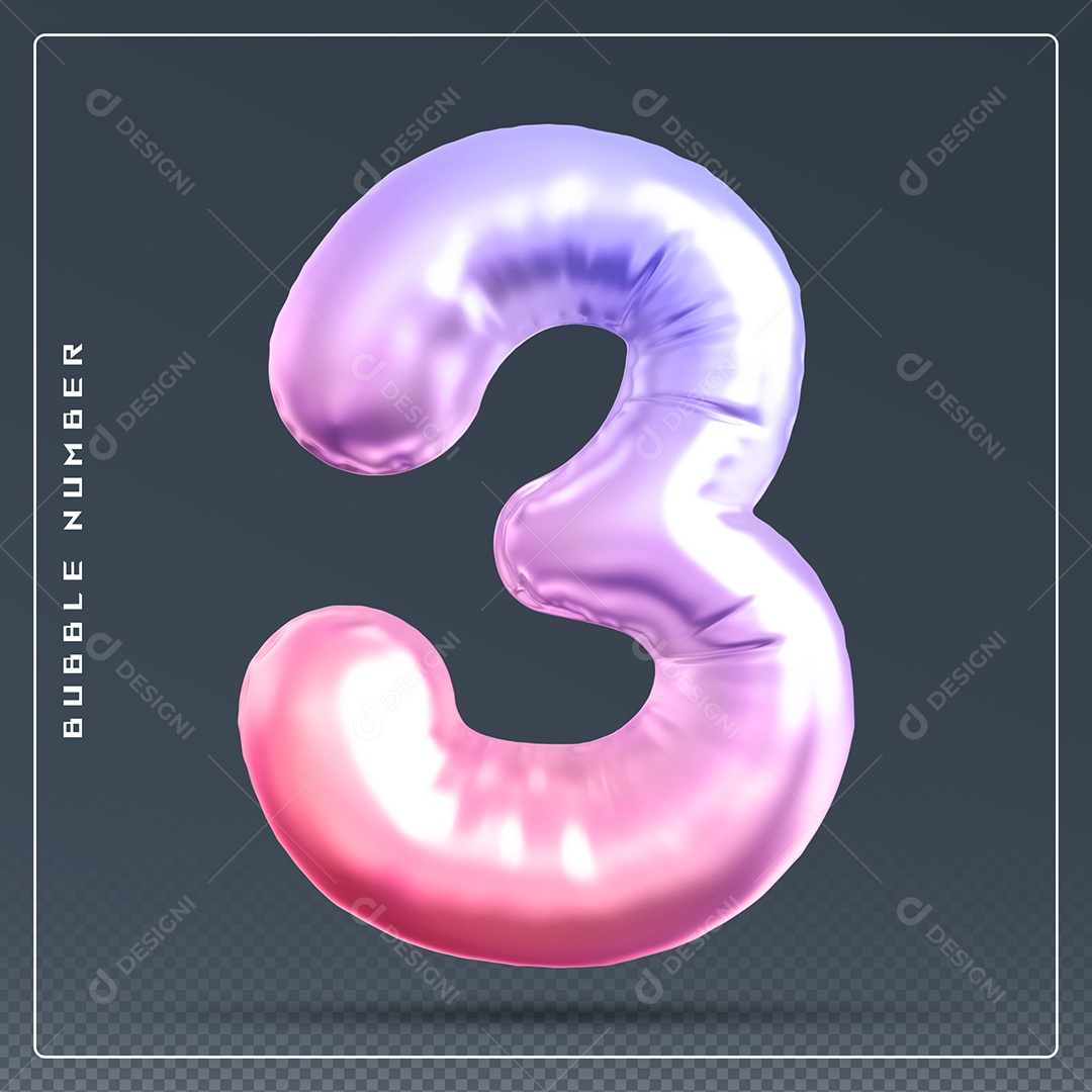 Elemento 3D Número 3 Colorido para Composição PSD