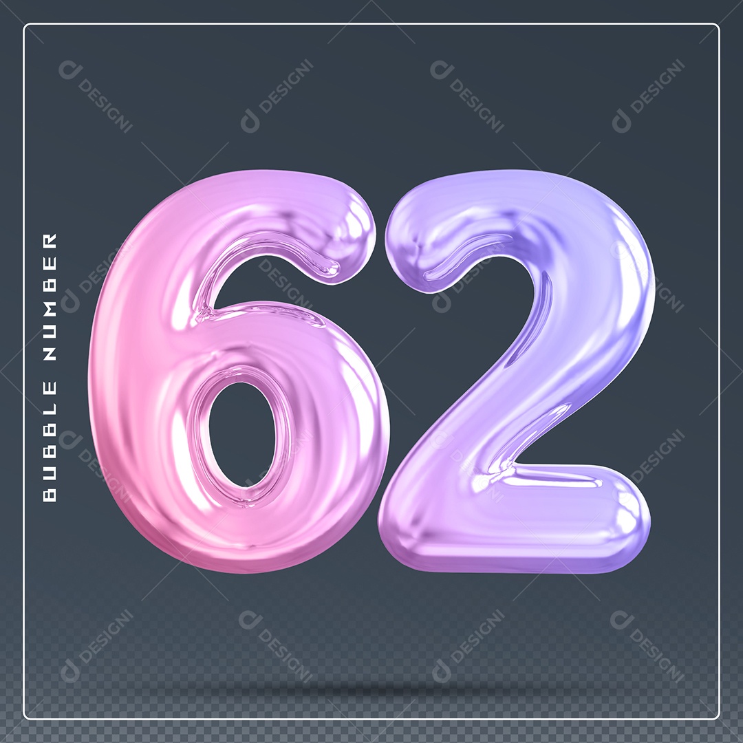 Elemento 3D Número 62 Colorido para Composição PSD
