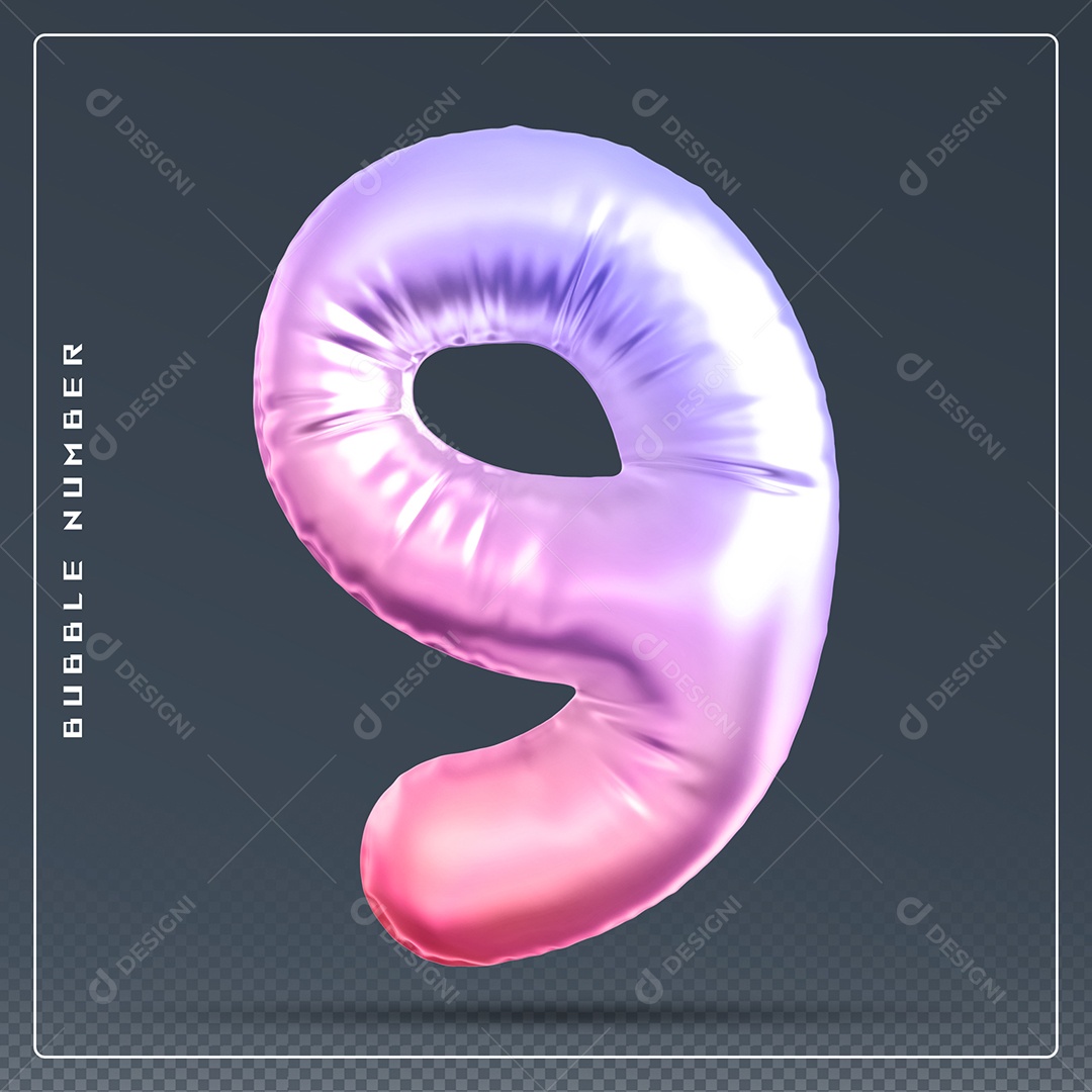 Elemento 3D Número 9 Colorido para Composição PSD