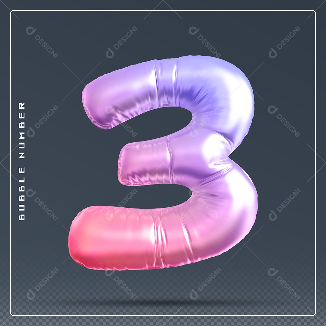 Elemento 3D Número 3 Colorido para Composição PSD