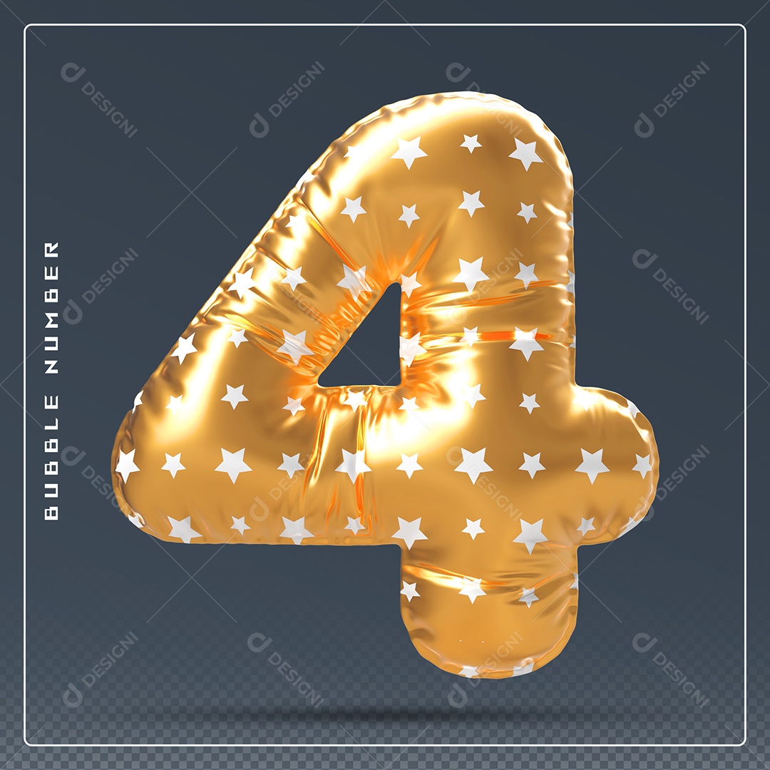 Elemento 3D Número 4 Dourado para Composição PSD