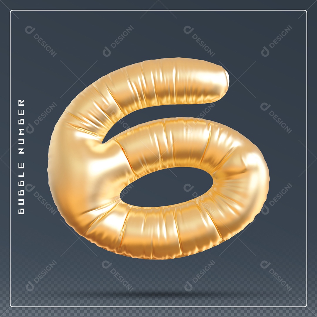 Elemento 3D Número 6 Dourado para Composição PSD