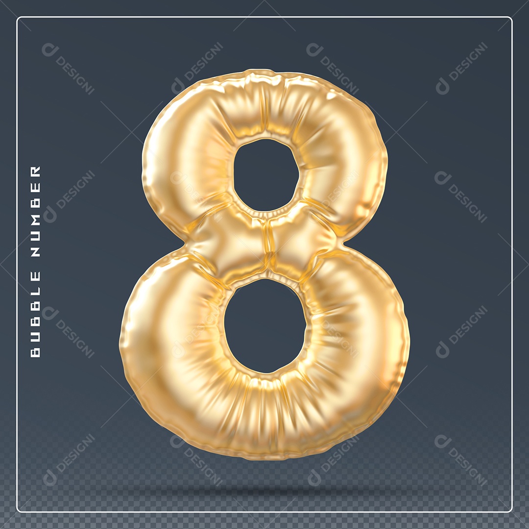 Elemento 3D Número 8 Dourado para Composição PSD