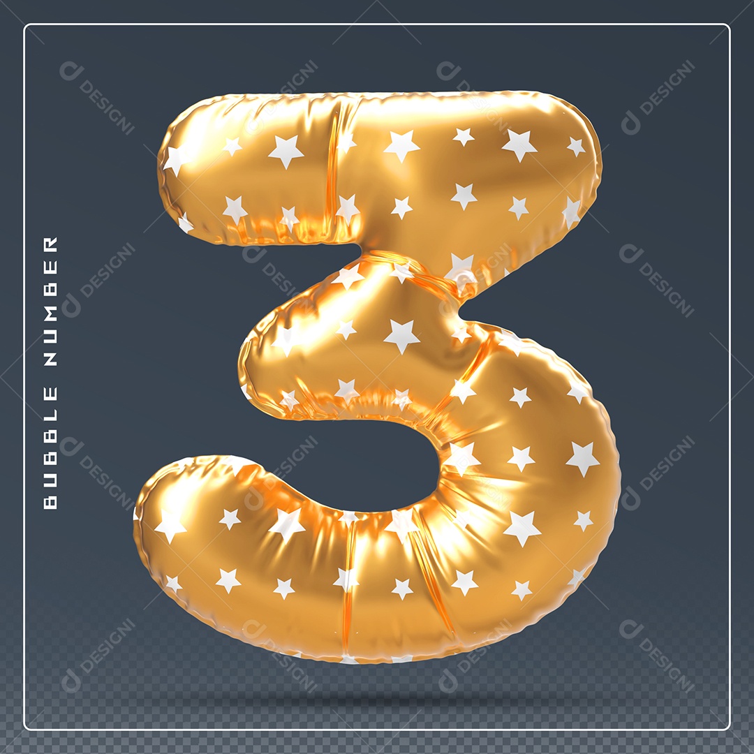 Elemento 3D Número 3 Dourado para Composição PSD
