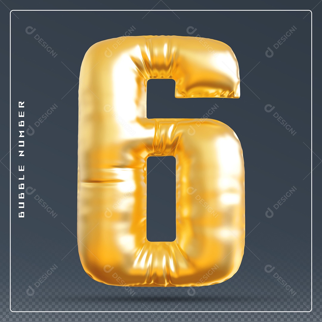 Elemento 3D Número 6 Dourado para Composição PSD