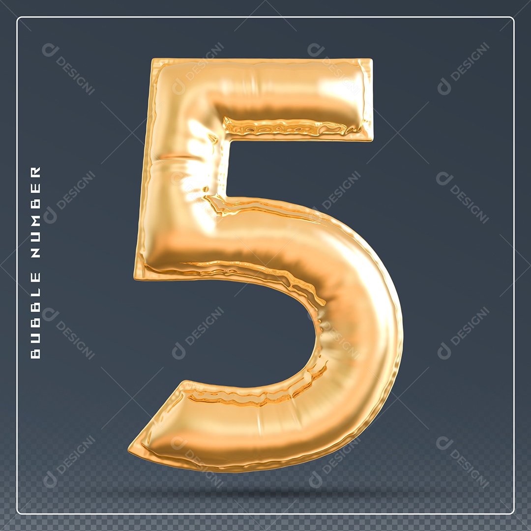Elemento 3D Número 5 Dourado para Composição PSD