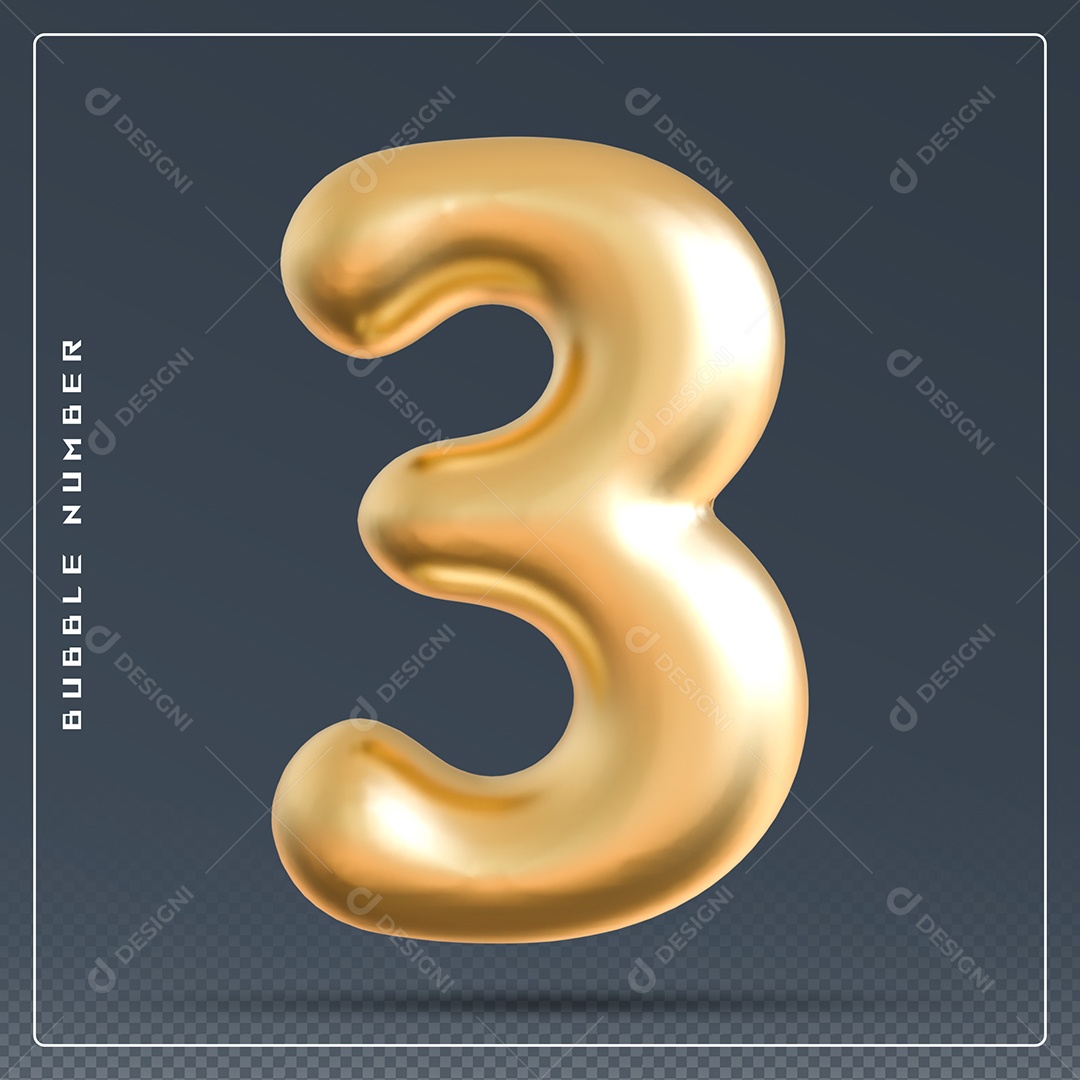 Elemento 3D Número 3 Dourado para Composição PSD