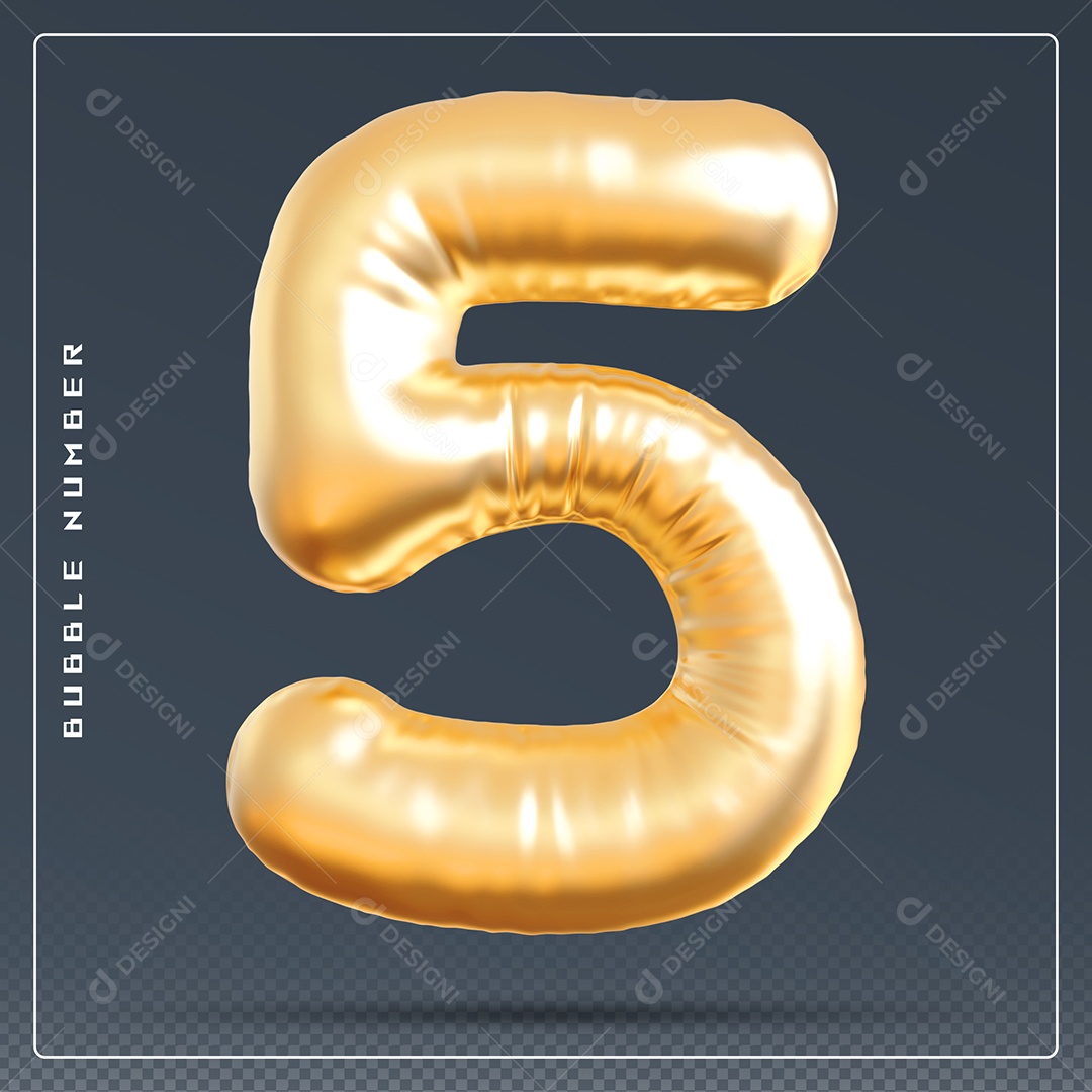 Elemento 3D Número 5 Dourado para Composição PSD