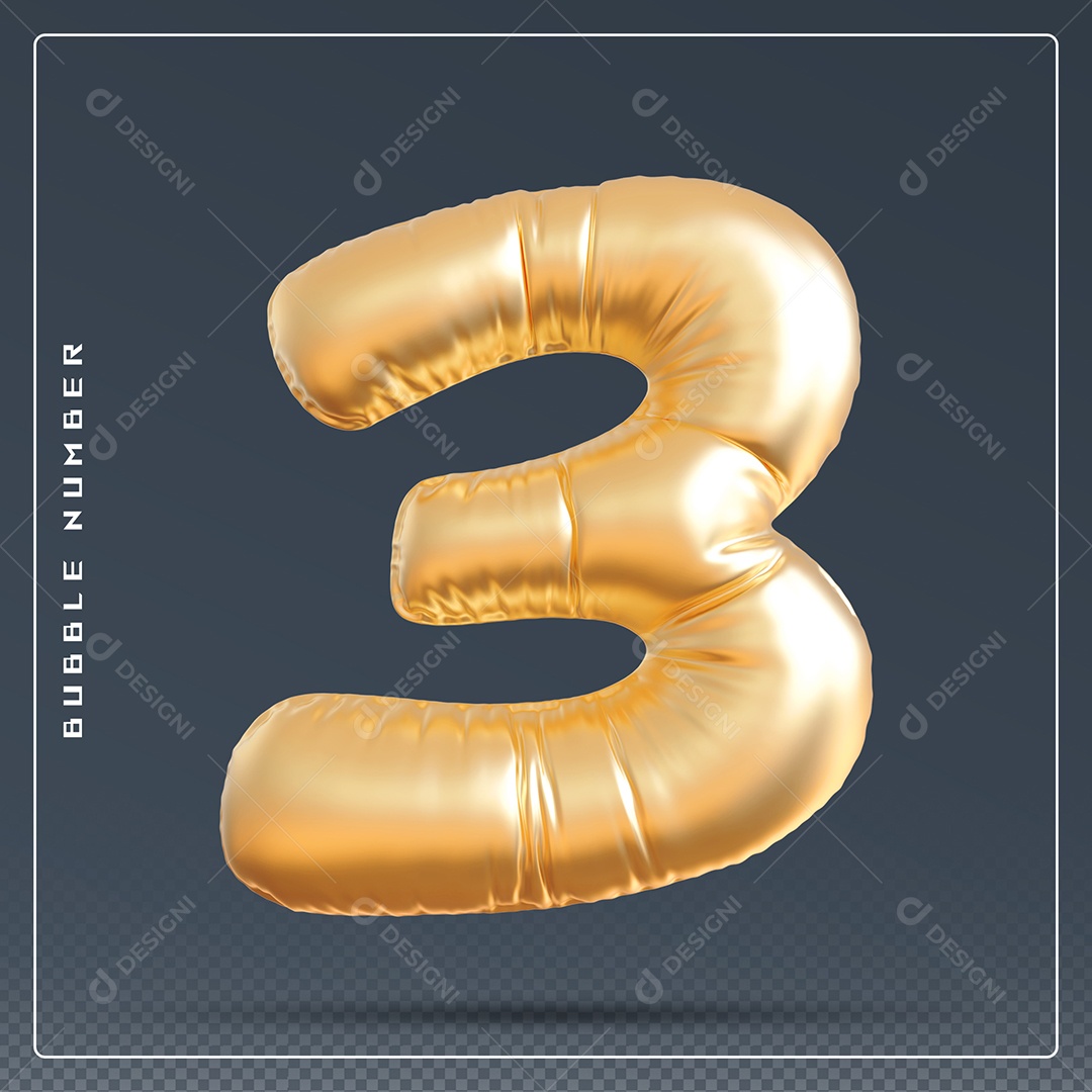 Elemento 3D Número 3 Dourado para Composição PSD