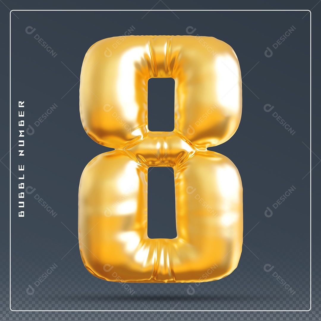 Elemento 3D Número 8 Dourado para Composição PSD