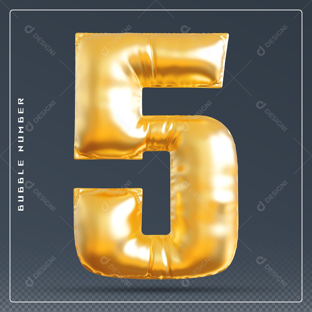Elemento 3D Número 5 Dourado para Composição PSD