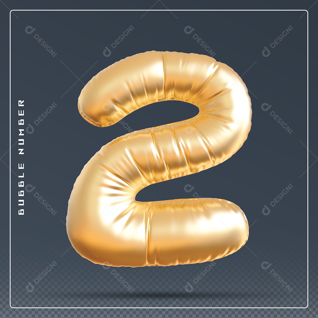 Elemento 3D Número 2 Dourado para Composição PSD