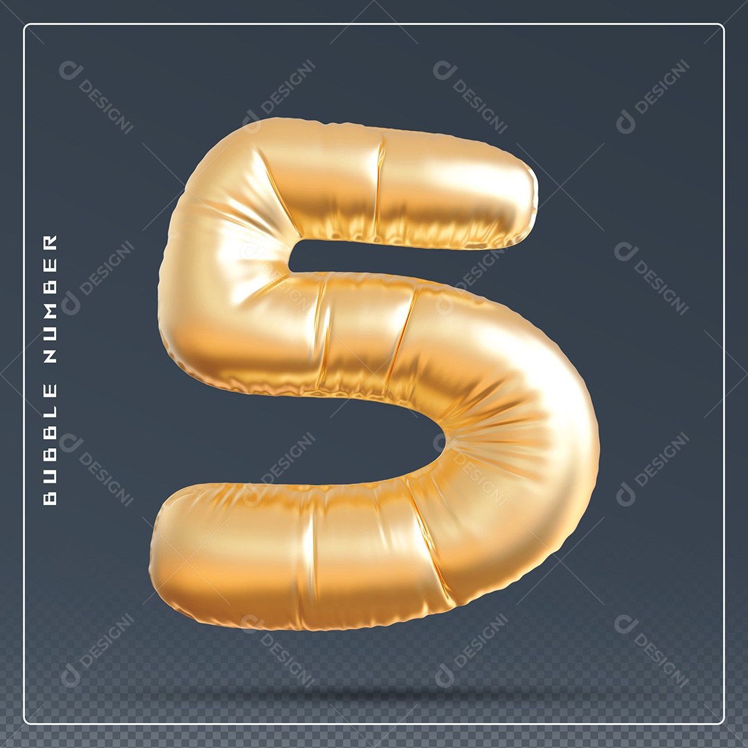 Elemento 3D Número 5 Dourado para Composição PSD