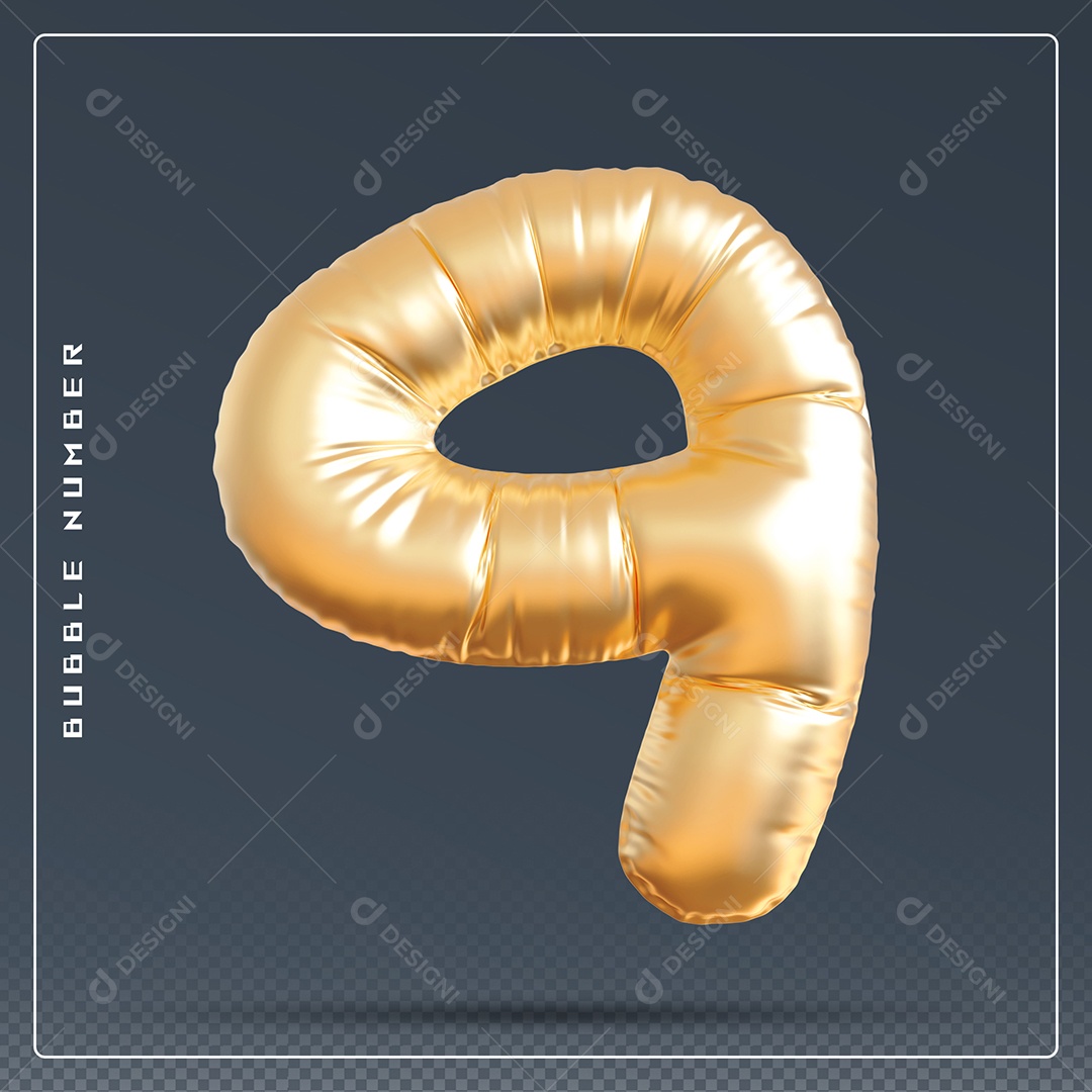 Elemento 3D Número 9 Dourado para Composição PSD