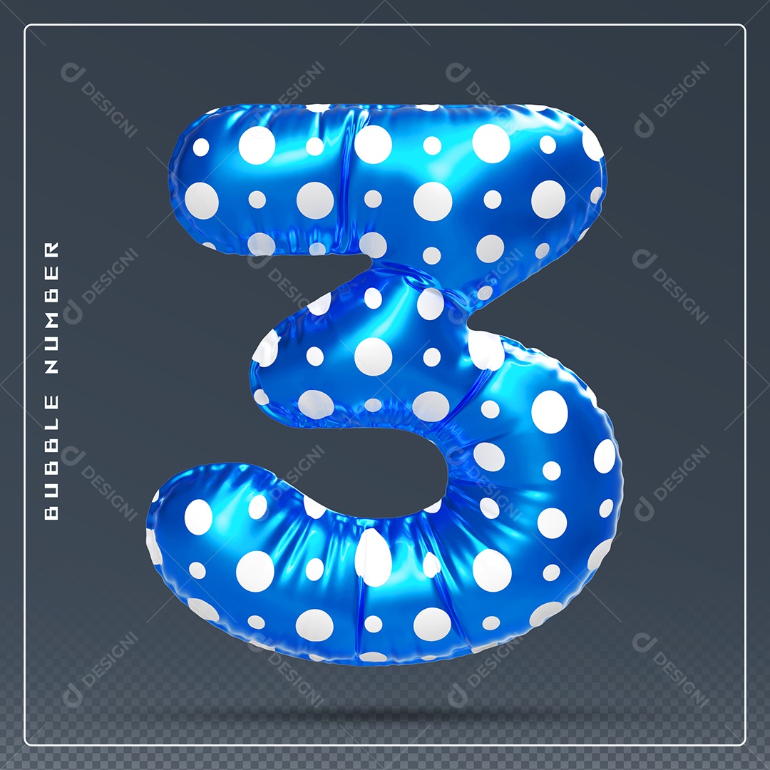 Elemento 3D Número 3 Azul E branco para Composição PSD