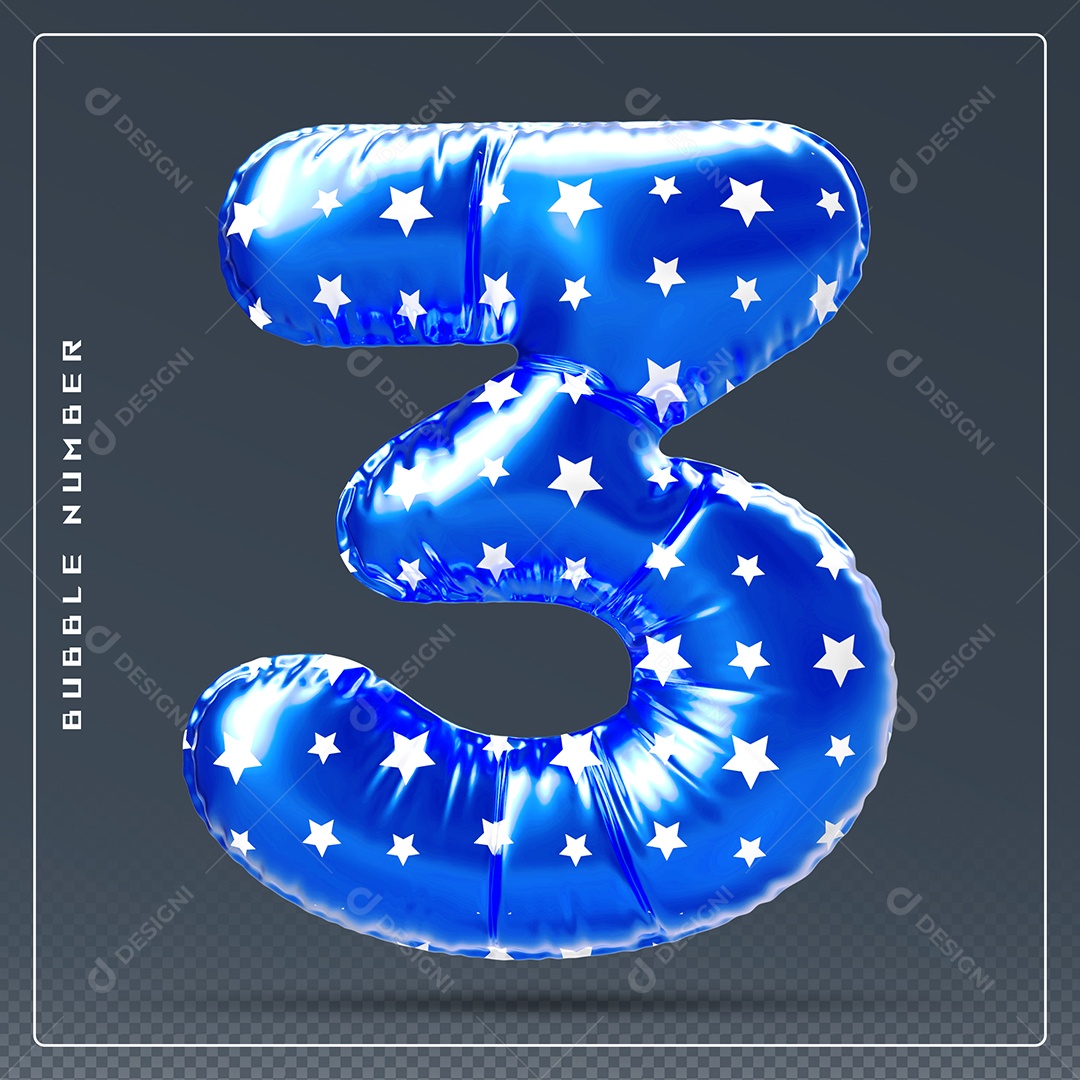 Elemento 3D Número 3 Azul E branco para Composição PSD