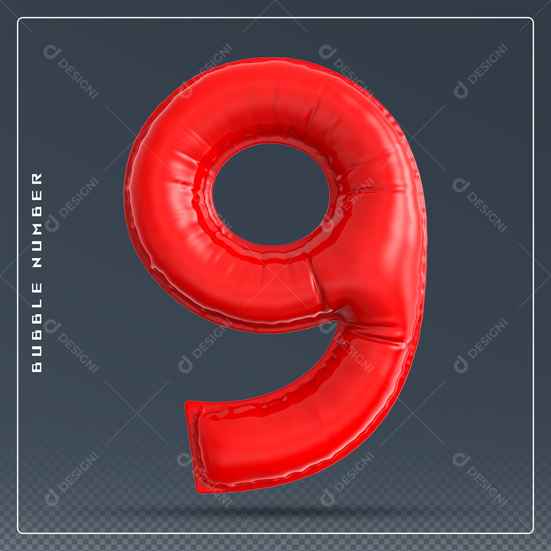 Elemento 3D Número 9 Vermelho para Composição PSD