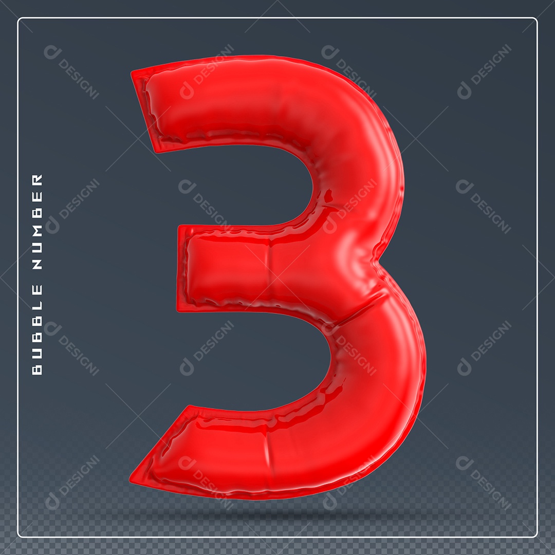 Elemento 3D Número 3 Vermelho para Composição PSD