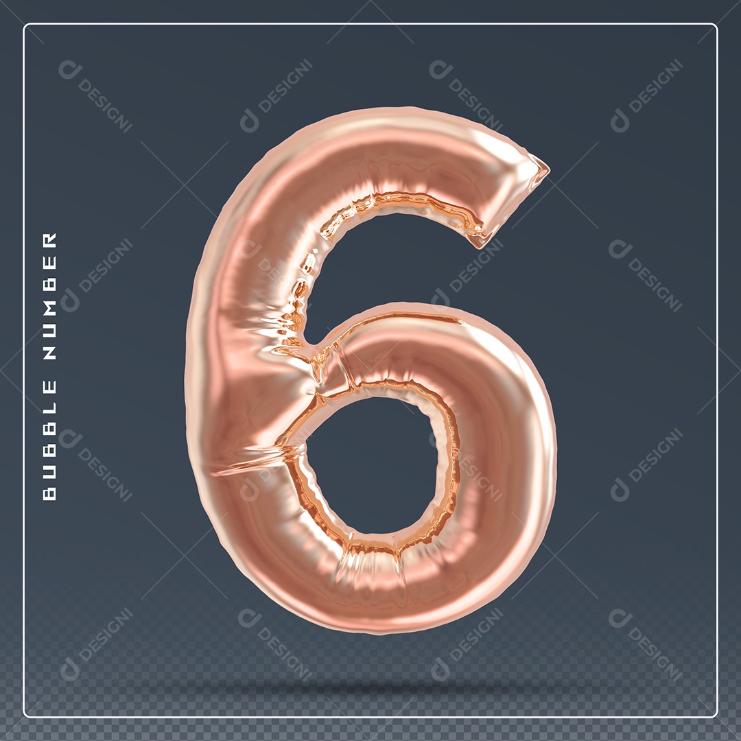 Elemento 3D Número 6 Dourado para Composição PSD