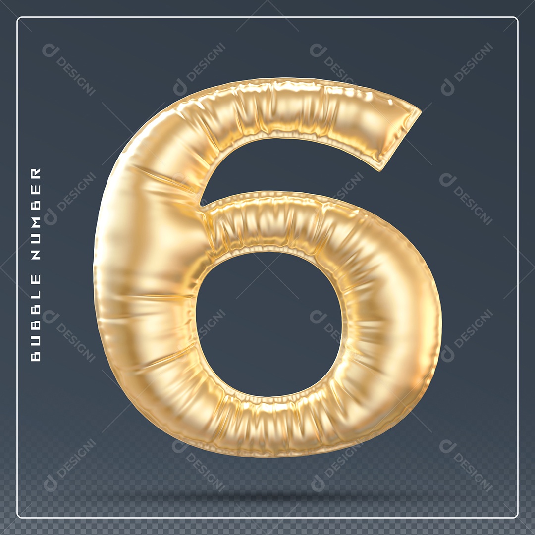 Elemento 3D Número 6 Dourado para Composição PSD