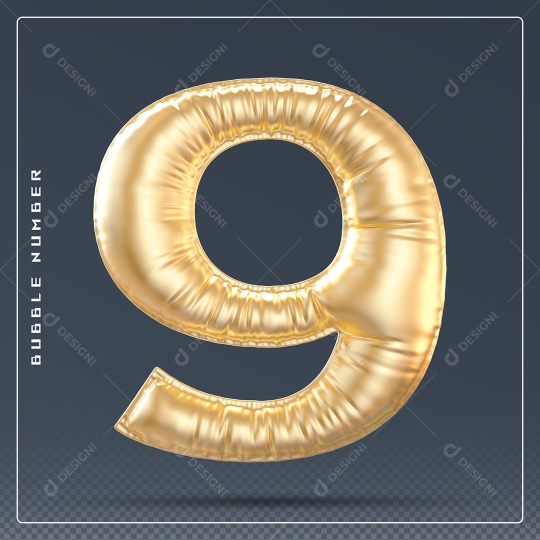 Elemento 3D Número 9 Dourado para Composição PSD