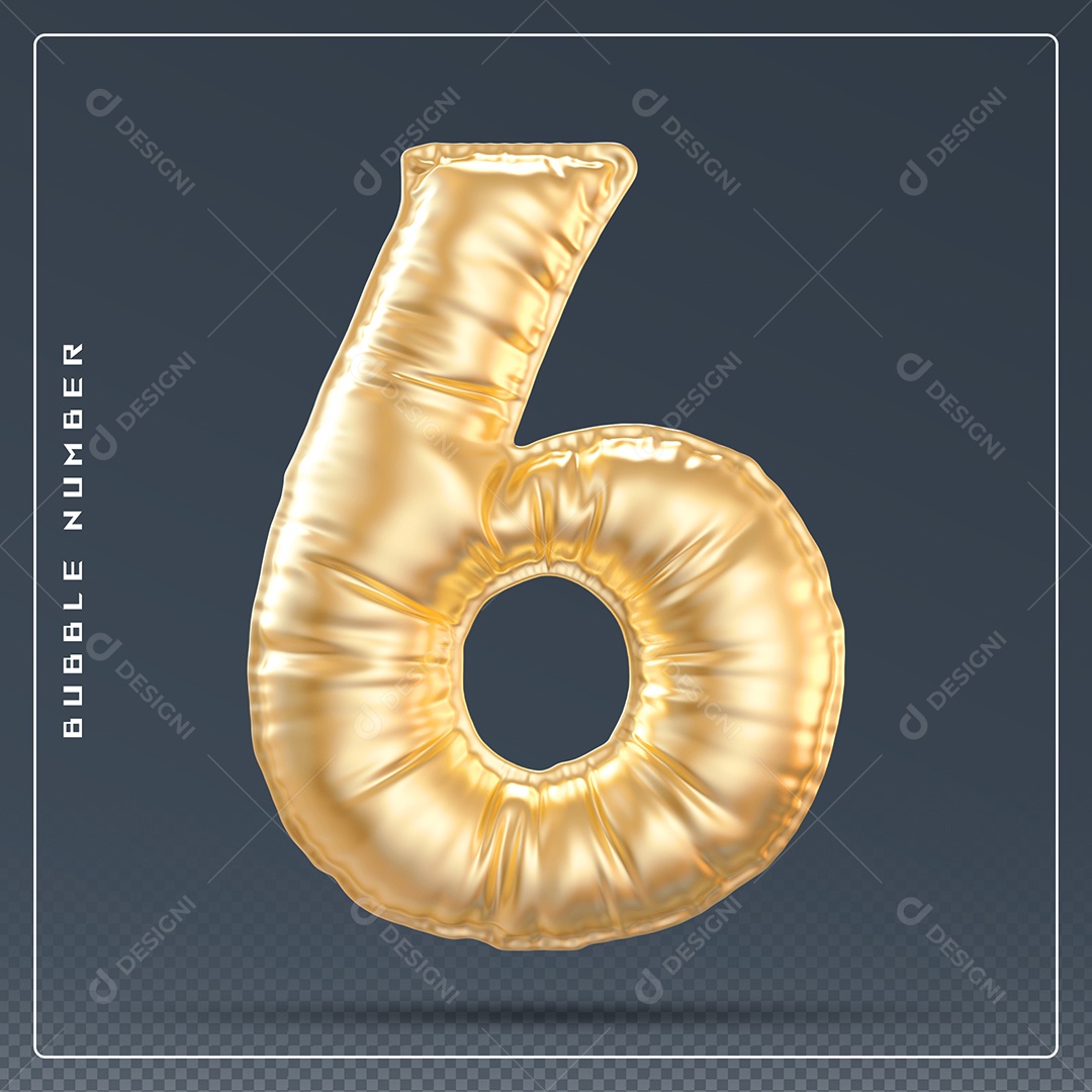 Elemento 3D Número 6 Dourado para Composição PSD