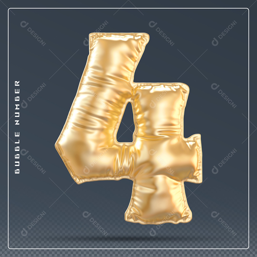 Elemento 3D Número 4 Dourado para Composição PSD