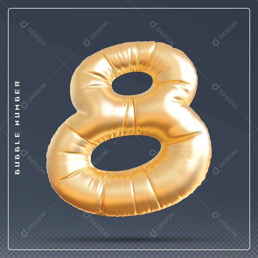 Elemento 3D Número 8 Dourado para Composição PSD