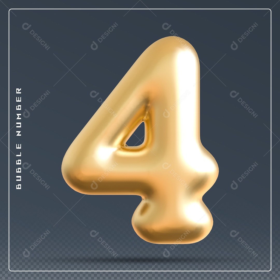 Elemento 3D Número 4 Dourado para Composição PSD