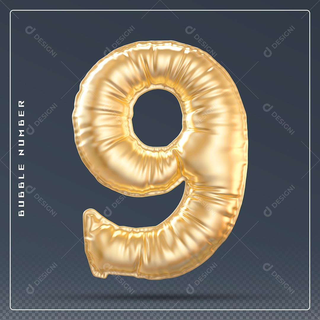 Elemento 3D Número 9 Dourado para Composição PSD