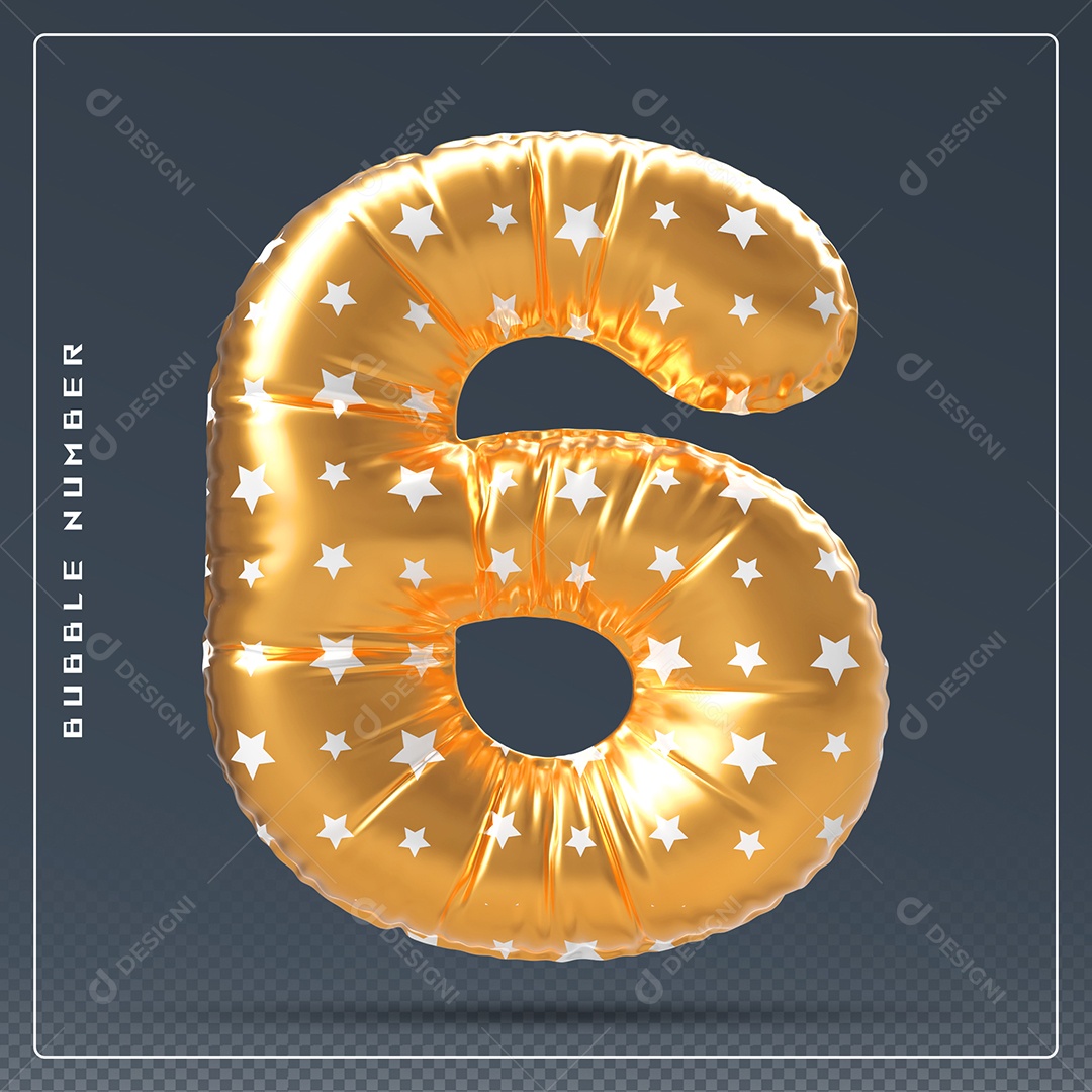 Elemento 3D Número 6 Dourado E Branco para Composição PSD