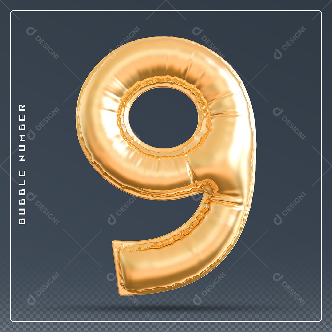 Elemento 3D Número 9 Dourado para Composição PSD