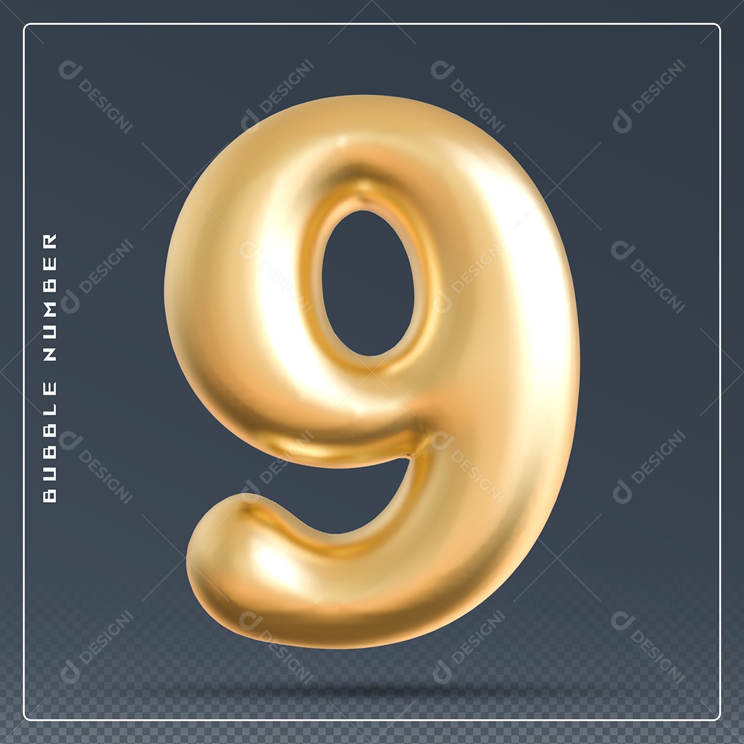 Elemento 3D Número 9 Dourado para Composição PSD