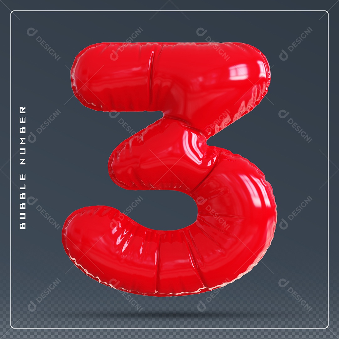 Elemento 3D Número 3 Vermelho para Composição PSD