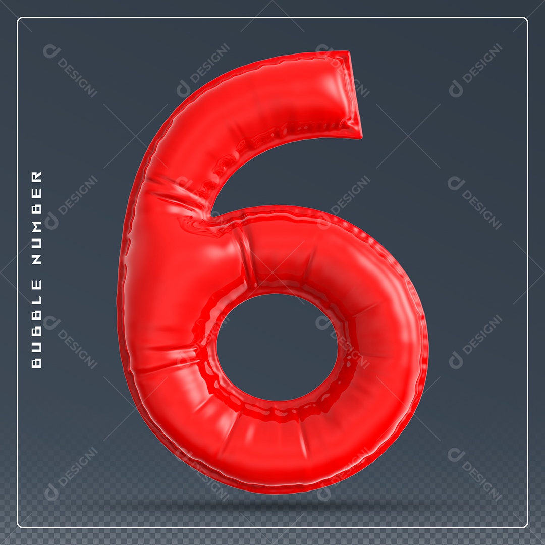 Elemento 3D Número 6 Vermelho para Composição PSD