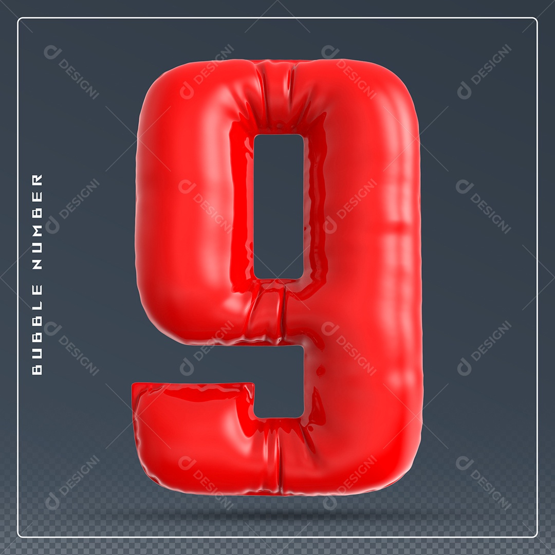Elemento 3D Número 9 Vermelho para Composição PSD