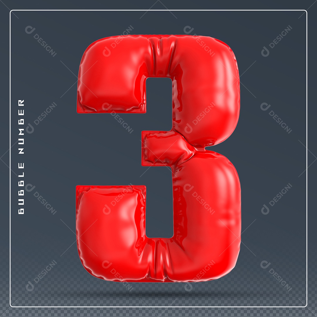 Elemento 3D Número 3 Vermelho para Composição PSD