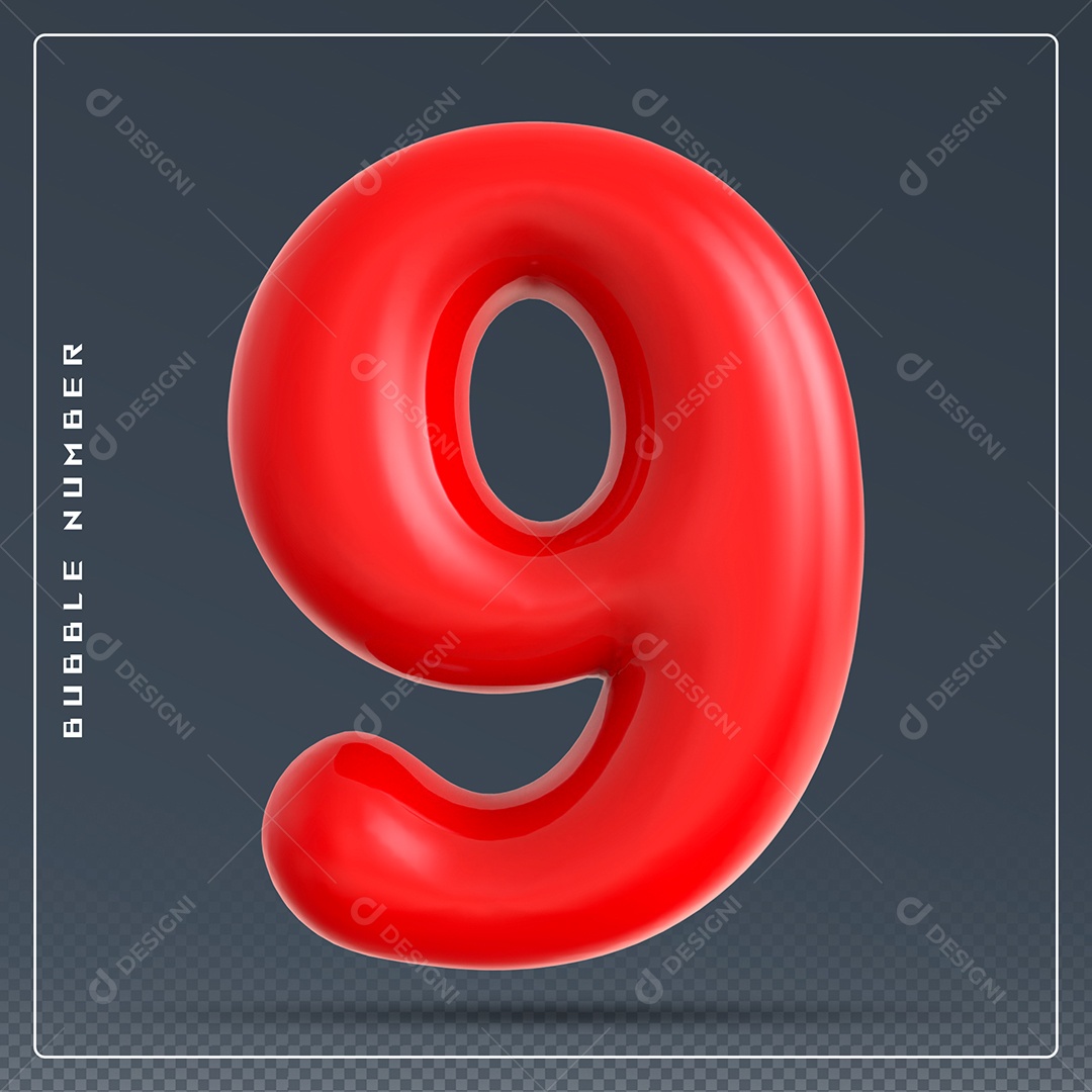 Elemento 3D Número 9 Vermelho para Composição PSD