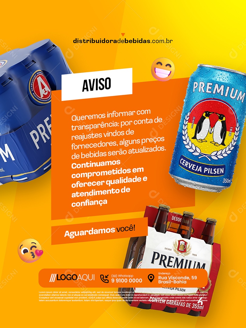 Distribuidor de Bebidas Aviso Reajustes Vindos de Fornecedores Social Media PSD Editável
