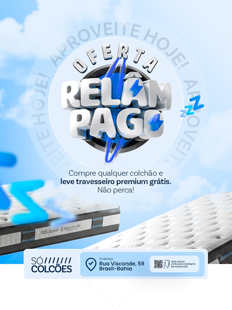 Loja de Colchão Oferta Relâmpago Compre Qualquer Colchão e Leve Travesseiro Social Media PSD Editável