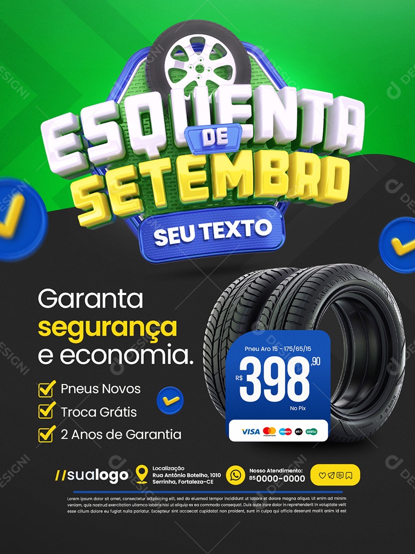 Esquenta de Setembro Loja de Pneus Garanta Segurança e Economia Social Media PSD Editável