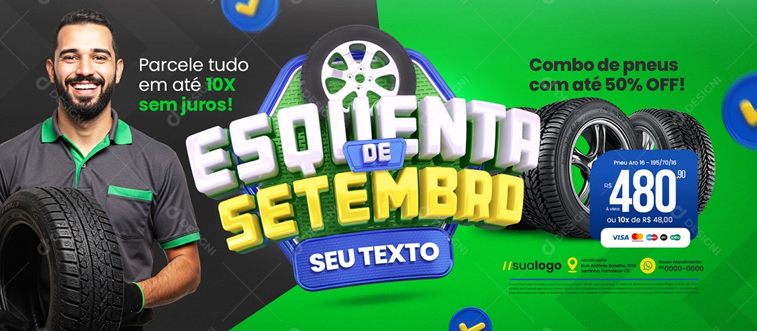 Banner Esquenta de Setembro Loja de Pneus Combo Pneu Aro 16 Social Media PSD Editável