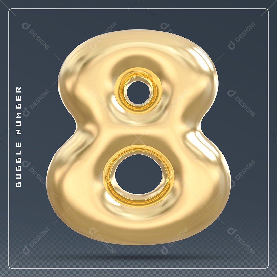 Elemento 3D Número 8 Dourado para Composição PSD