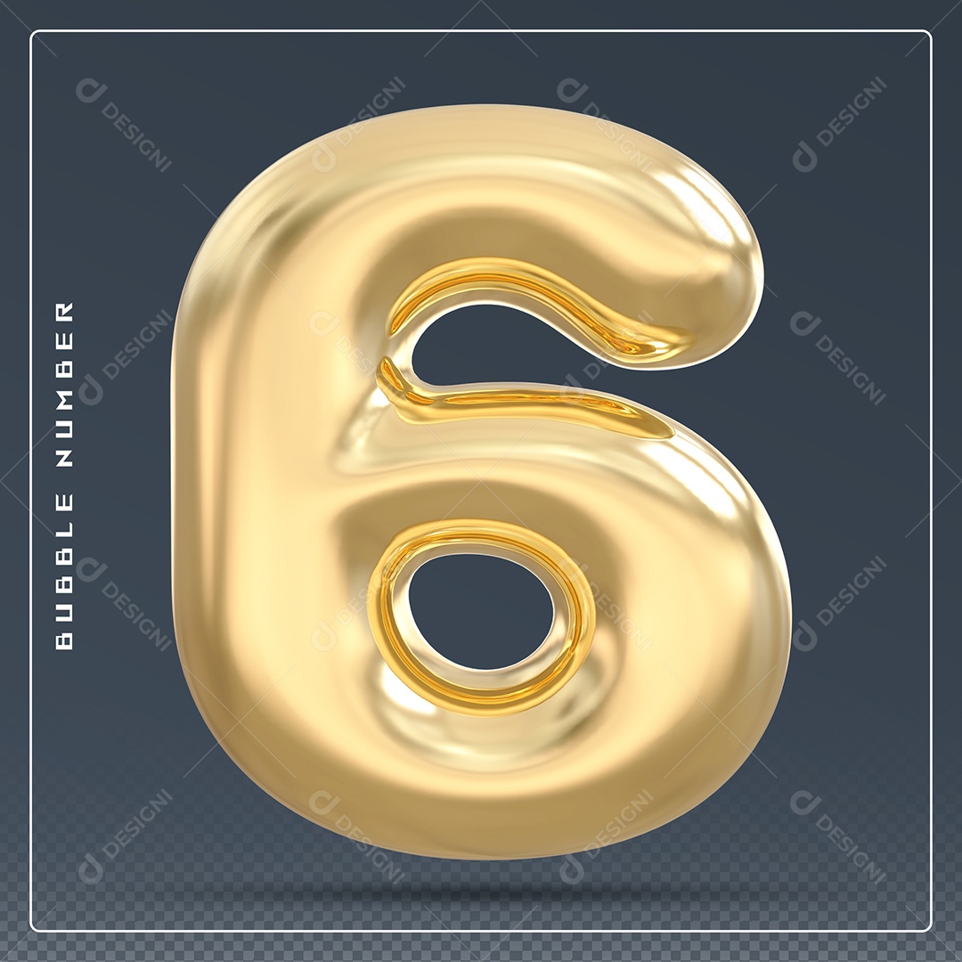 Elemento 3D Número 6 Dourado para Composição PSD