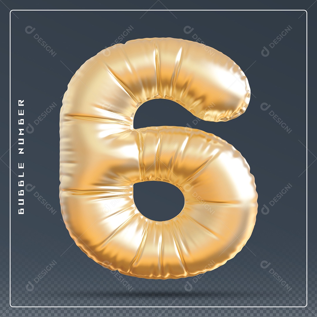 Elemento 3D Número 6 Dourado para Composição PSD