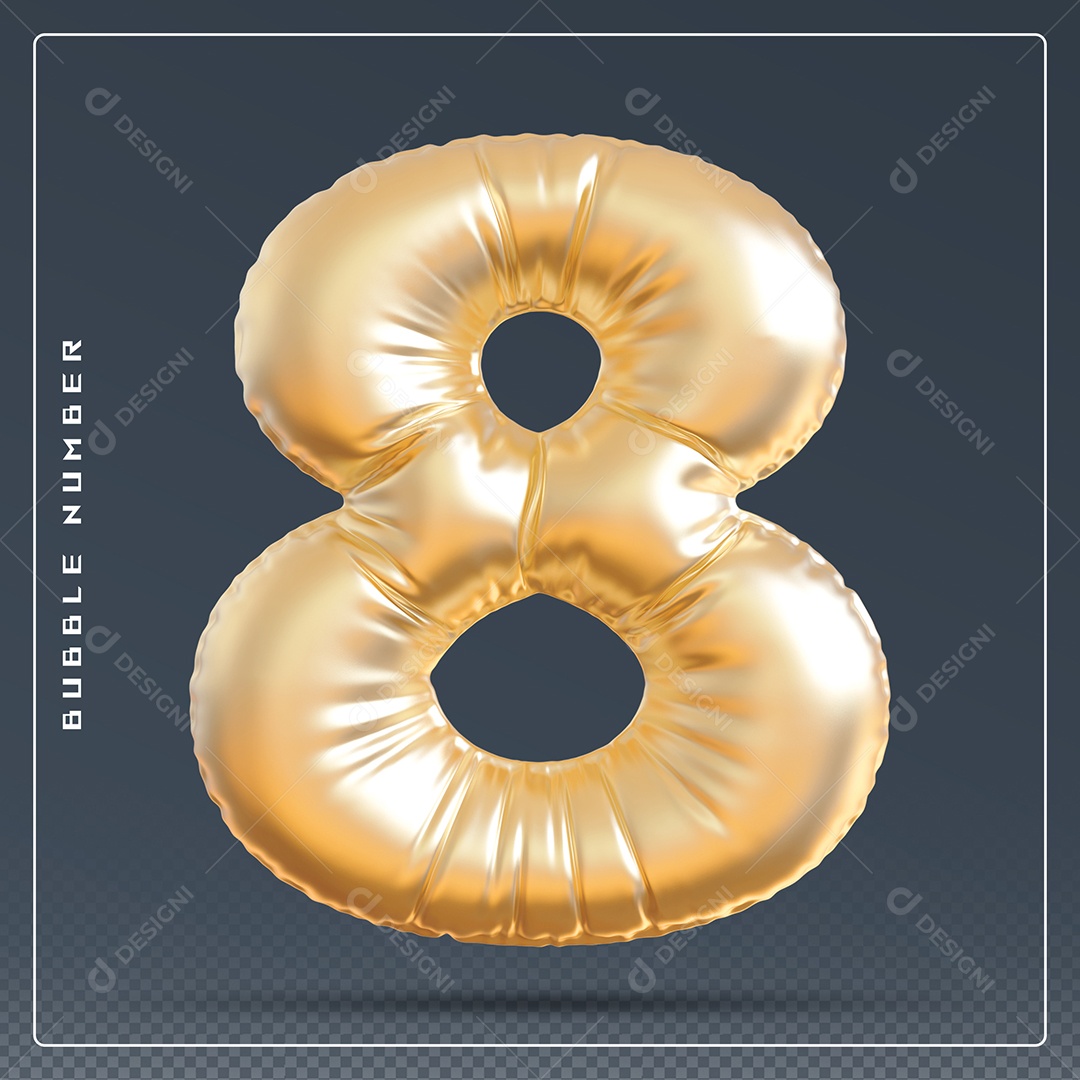Elemento 3D Número 8 Dourado para Composição PSD